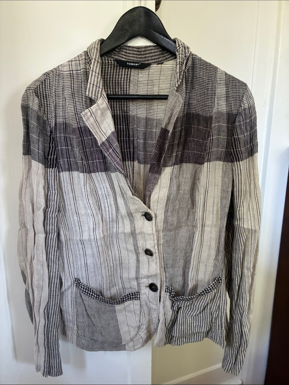 Versus Striped Linen-Blend Casual Blazer in Neutral Gray